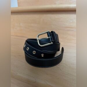 Max Mara Studio Black Vegan Leather Black Belt Gold Hardware Contrast Stitch